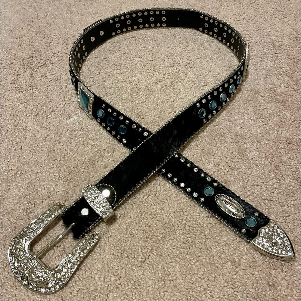 ATLAS Women's Black Leather Square Blue and Clear Rhinestone Western Belt Size L